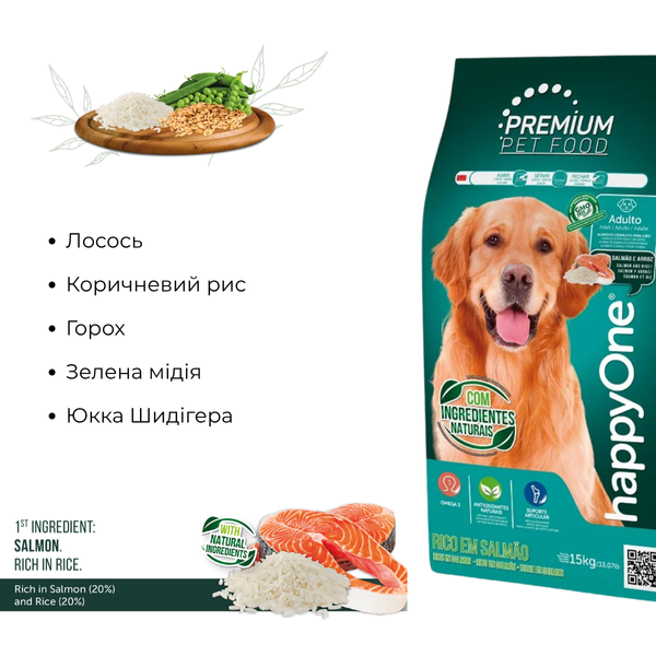 Сухий корм для собак happyOne Premium з лососем та рисом 15 kg 5600760440877 фото
