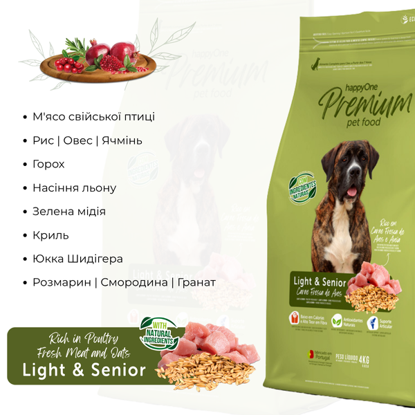 Сухий корм для літніх собак happyOne Premium Light&Senior з м'ясом птиці 4 kg 5600760440945 фото
