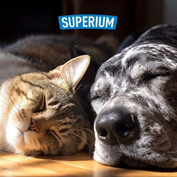 Кіт і собака відпочивають поруч, логотип SUPERIUM