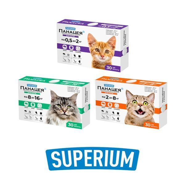 SUPERIUM Panacea antiparasitic tablets for cats &ndash; three dosage variants and SUPERIUM logo