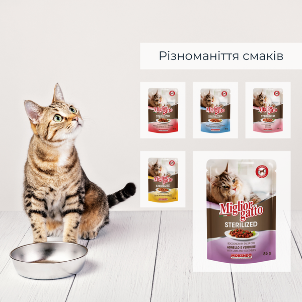 Беззерновые консервы для стерилизованных кошек Migliorgatto Sterilized ягнёнок с овощами кусочки в соусе 85 g 01472 фото