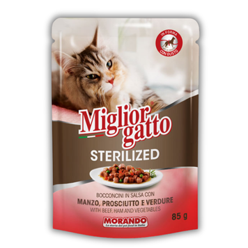Беззернові консерви для стерилізованих котів Migliorgatto Sterilized яловичина і шинка шматочки в соусі 85 g 01473 фото