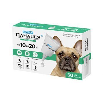 SUPERIUM Panacea antiparasitic spot-on drops for dogs weighing 10&ndash;20 kg &ndash; green packaging with French Bulldog
