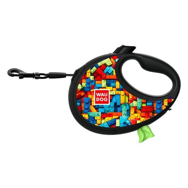 Рулетка с контейнером для пакетов WAUDOG R-leash для собак весом до 40 kg - L (5 м) "Блоки" 257-4056 фото
