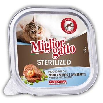 Беззерновые консервы для стерилизованных кошек Migliorgatto Sterilized с голубой рыбой и креветками 100 g 01455 фото