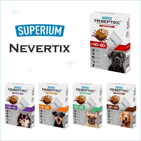 SUPERIUM Nevertix anti-tick spot-on drops for dogs &ndash; five weight variants from 1.5 to 60 kg, complete product range