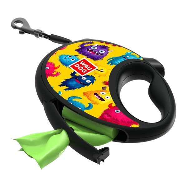 Рулетка з контейнером для пакетів WAUDOG R-leash для собак вагою до 40 kg - L (5 м) "Мохнаті монстри" 257-4050 фото