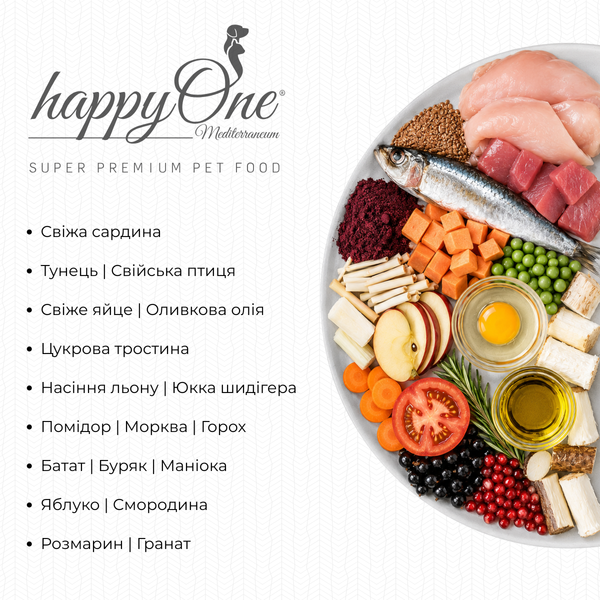 Сухой корм для стерилизованных кошек happyOne Mediterraneum Sterilized со свежей сардиной 7 kg 5600760440631 фото