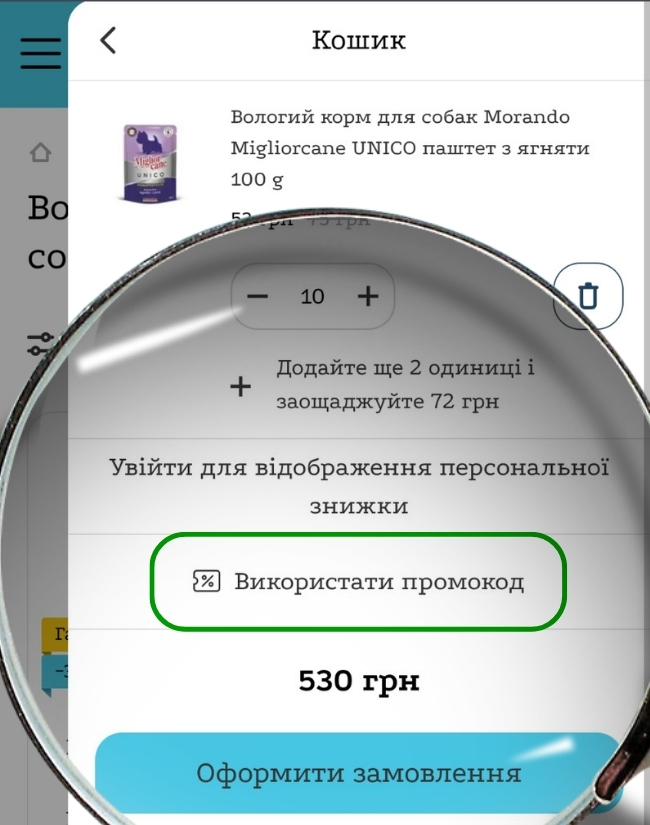 Крок 1: кнопка «Використати промокод» у кошику GaraPet